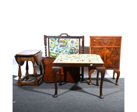 A figured walnut bedside cupboard; walnut stool; firescreen; small drop-leaf table; and a mahogany tray.