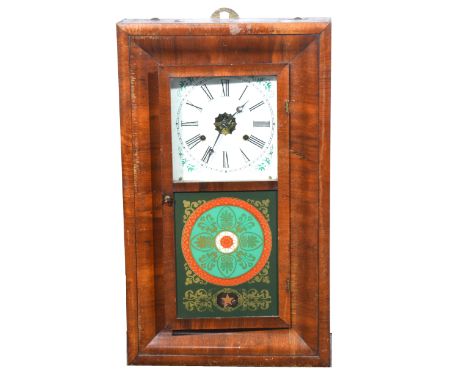 An American walnut wall clock, replacement square dial, striking on a gong, paper label to the interior "Brass clocks manufac