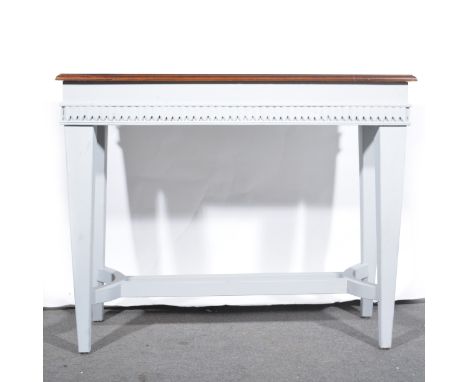 A modern painted console table, rectangular mahogany top with moulded edge, with painted frame and supports joined by a stret