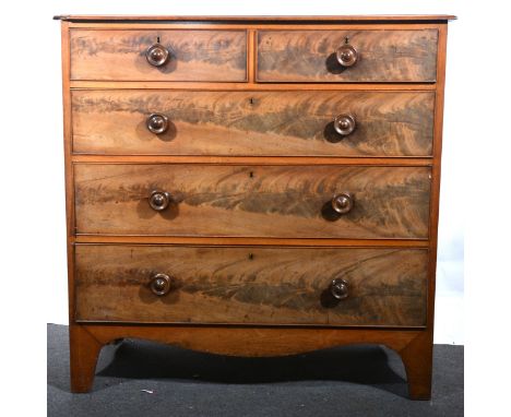 A Victorian mahogany chest of drawers, fitted with two short and three long drawers, turned drawer pulls, bracket feet, width