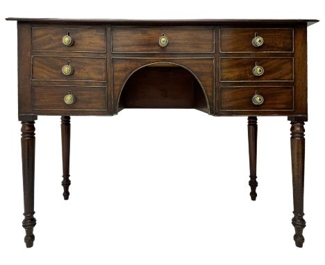 George III mahogany kneehole dressing or side table, moulded rectangular top over seven cock-beaded drawers, on ring turned s