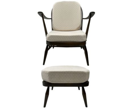 Ercol - dark beech easy open armchair, hoop and stick back, with upholstered loose cushions (W71cm, H82cm, D89cm); matching d