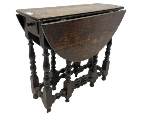 17th century oak table, oval drop-leaf top on gate-leg action base, turned supports united by turned stretchers Dimensions: H