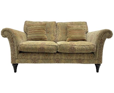 Parker Knoll - 'Burghley' two-seat sofa, upholstered in 'Baslow Medallion' gold floral pattern fabricDimensions: Height:&nbsp