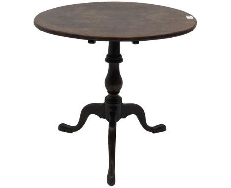 19th century mahogany tripod table, circular tilt-top on vasiform pedestal with three splayed supports Dimensions: Height:&nb
