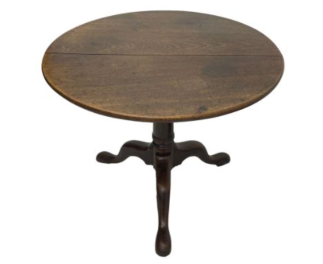 George III mahogany tripod table, circular tilt-top on barrel-turned column, three out-splayed supportsDimensions: Height:&nb