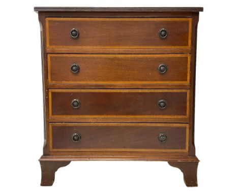 Small Georgian design inlaid mahogany chest, rectangular reed moulded and satinwood banded top over four drawers, canted and 