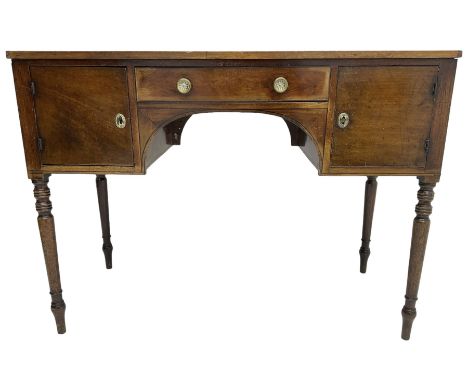 19th century mahogany kneehole side or dressing table, rectangular top over single drawer and two cupboards, on ring turned s