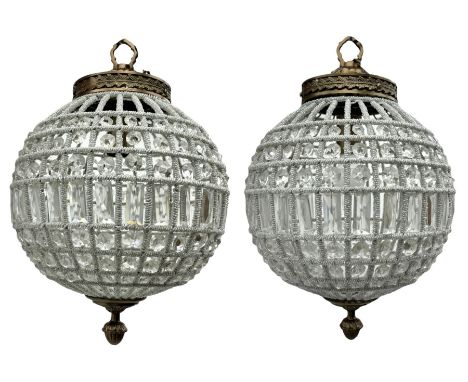 India Jane Interiors - pair of gilt metal and glass spherical ceiling light pendants, decorated with glass beads and pendants