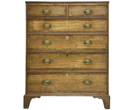 George III oak and mahogany banded chest, rectangular reed moulded top, fitted with two short and four long graduating cock-b