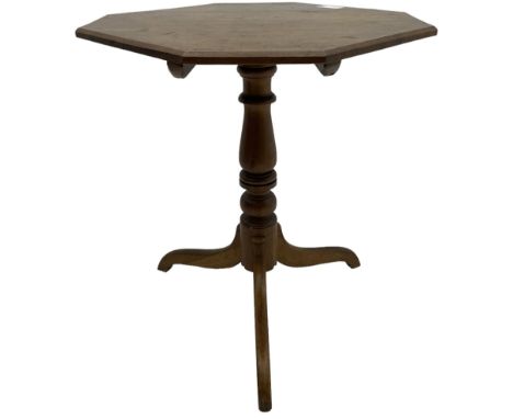19th century walnut tripod table, square canted tilt-top with chamfered edge, turned pedestal with three splayed supportsDime