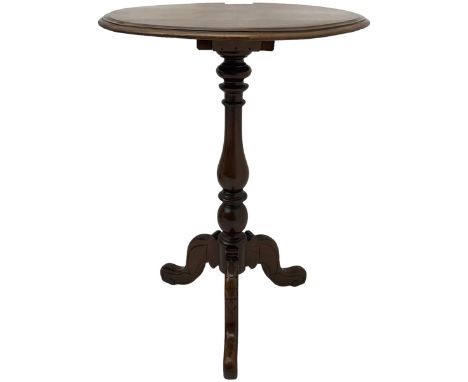 Mid-19th century mahogany tripod table, moulded circular top on vasiform pedestal with three carved out-splayed supports Dime