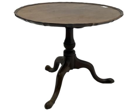 George III mahogany tripod table, circular moulded pie-crust tilt-top, on turned and twist carved pedestal, three splayed sup