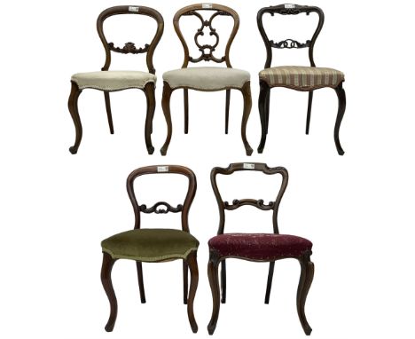 Mixed set of five Victorian chairs - Victorian rosewood dining chair with foliage carved cresting rail; Victorian mahogany ba