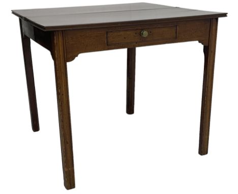 19th century mahogany tea table, fold-over rectangular top over single drawer, double gate-leg action base, on square moulded