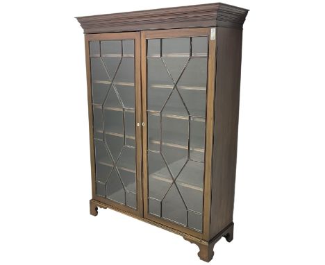 19th century mahogany bookcase, stepped moulded cornice over two astragal glazed doors, with five adjustable shelves, bone ov