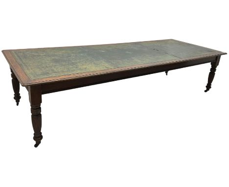 Large 10' 7'' late Victorian oak boardroom table, moulded rectangular top with inset green leather surface, on turned and ree