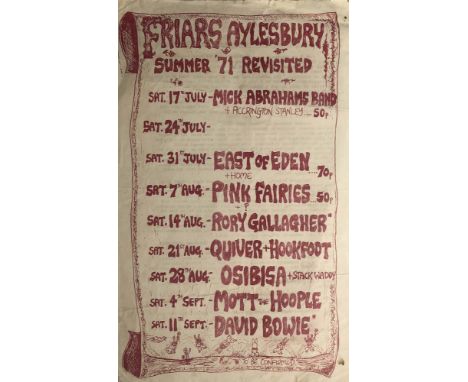 FRIARS AYLESBURY DAVID BOWIE FLYER. An original flyer for dates between July - September 1971 at the legendary 'Friars Club' 
