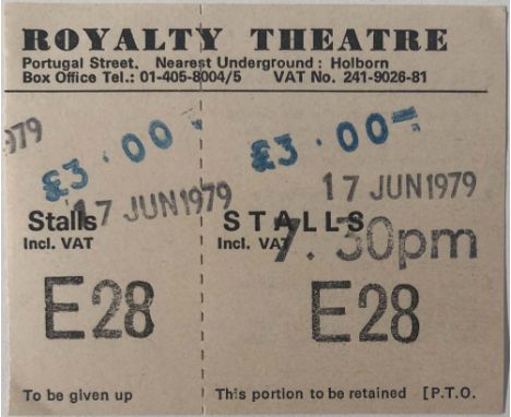 JUNE 1979 JOY DIVISION TICKET UNTORN. An untorn ticket for an event at London's Royalty Theatre on 17th June 1979. The billed
