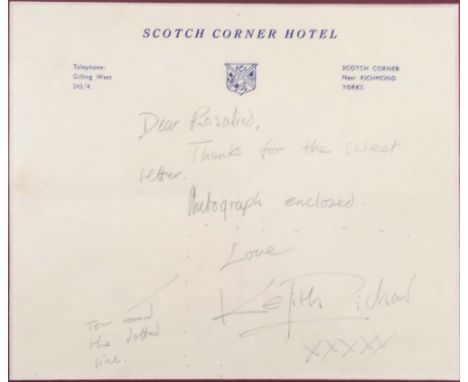 KEITH RICHARDS HANDWRITTEN LETTER. A mounted and framed display to include: a note on 'Scotch Corner Hotel' stationary bearin