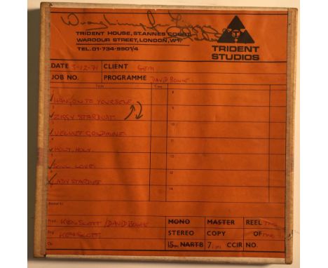 DAVID BOWIE ZIGGY STARDUST TAPE REEL ALTERNATE VERSIONS. A boxed reel of 7" Scotch tape, with handwritten notes on Trident St