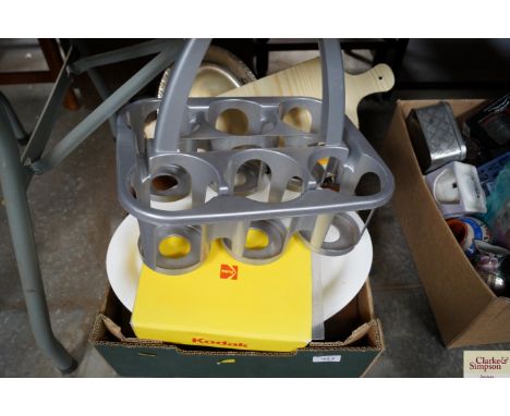 A box of sundry items to include a Kodak Easyshare; a silver plated tray etc
