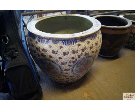 A large Oriental gold fish bowl planter / jardinière (AF)