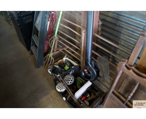 Two boxes containing various tools, garden vac attachment