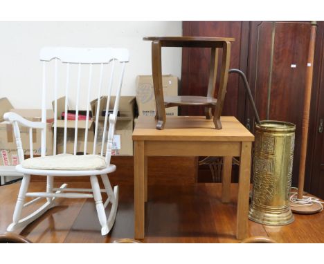 A mixed lot comprising white painted rocking chair, oak single drawer lamp table, circular two tier occasional table, brass u