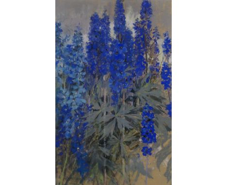 MARY GEORGINA WADE WILSON (SCOTTISH 1856-1939) &nbsp;BLUE DELPHINIUMS &nbsp;Pastel on paper, signed lower left, 53 x 33cm&nbs