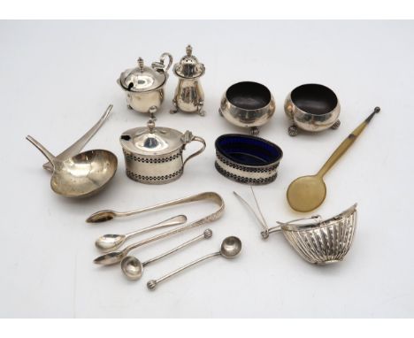 A collection of silver including a pair of Victorian silver open salts, by Mappin &amp; Webb, London, on fluted ball feet, a 