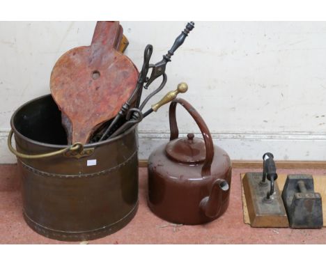 A mixed lot comprising Belgian Kandahar rug, brass coal bucket, assorted fire tools, door fittings, taps etc Condition Report