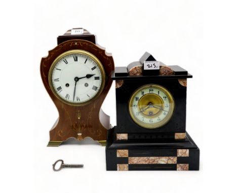 An Edwardian wooden mantle clock with inlaid brass and mother of pearl detail, with Gustac Becker movement, together with a s