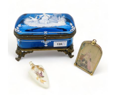 A Royal Worcester scent phial painted with a bird on a branch, an enamelled turquoise glass jewellery casket with scene of a 