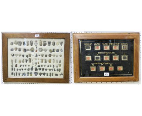 A wall-mounted cased display of flint arrow/spearheads and other tools, measuring approx. 62cm x 46cm externally, together wi