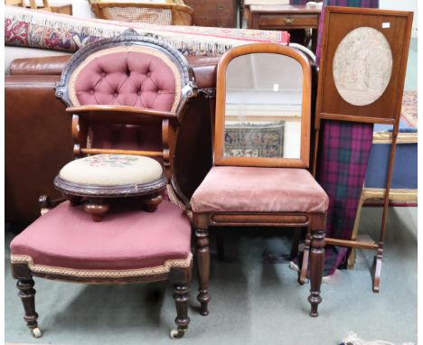 A lot comprising Victorian button back nursing chair, tapestry foot stool, wall mirror/shelf, mahogany chair and a tapestry f