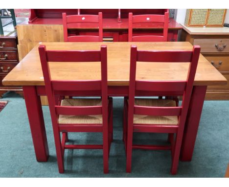 A 20th century red painted Grange extending dining suite consisting extending table with elm top and leaves on square support