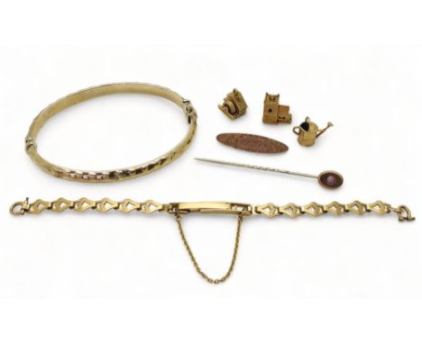 An Italian made 18ct gold bangle, weight 9.5gms, together with a collection of 9ct gold to include a watch strap, watermill, 