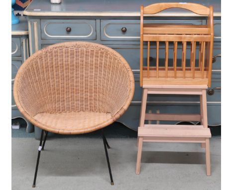 A lot comprising a mid 20th century wicker "satellite" chair, contemporary two step stool and a magazine rack (3) Condition R