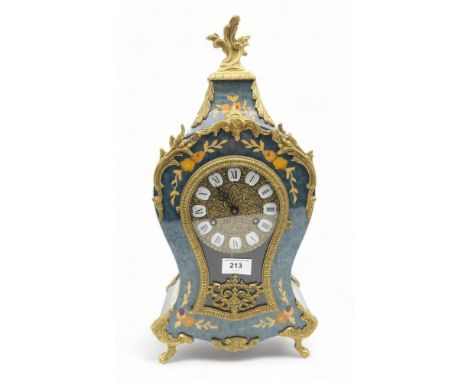 A French Louis XVI style clock with green dyed inlaid wood case, the gilt dial with enamelled roman numerals Condition Report