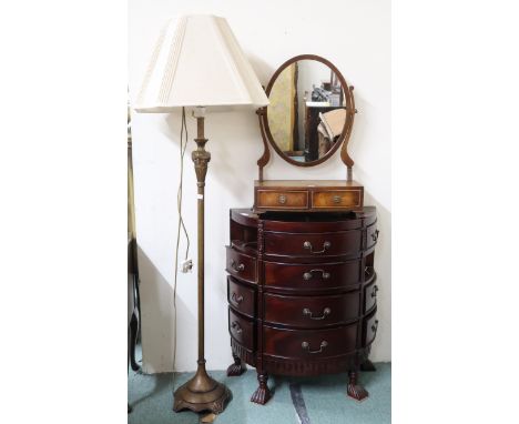 A lot comprising contemporary demi lune chest of drawers (def), walnut toilet mirror (def) and a brass standard lamp (3) Cond