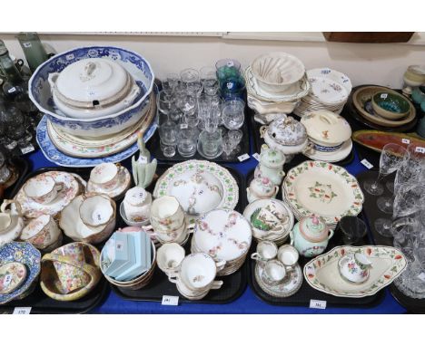 A collection of assorted glass and ceramics including Wedgwood grape and vine painted tablewares, assorted teawares, a large 