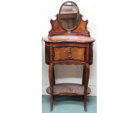 A contemporary Louis XVI style kidney shaped wash stand with oval mirror over two drawers on cabriole supports joined by shel