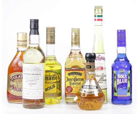 Mixed lot to include Bols Blue Curacao liqueur, one bottle; Six Isles Reserve blended malt Scotch whisky, one bottle; Jose Cu