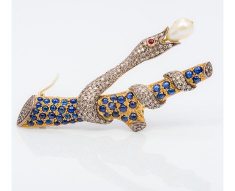 An 18 ct gold diamond and cabochon sapphire encrusted broochFormed as a snake wrapped around a branch holding a pearl in its 