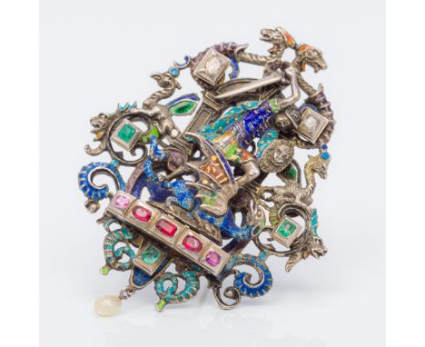 An 18th/19th century Renaissance Revival enamel decorated gem set unmarked white metal broochCentred with a warrior slaying a