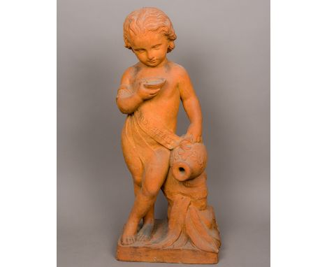 A terracotta sculpture modelled as a young child holding an amphora and a bowlWearing a sash inscribed Your Good Health.  84 