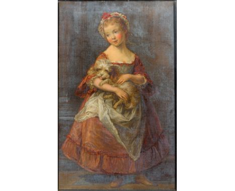 ENGLISH SCHOOL (19th century)Full-length Portrait of a Young Girl in Red Dress Holding Her DogOil on canvas, framed and glaze