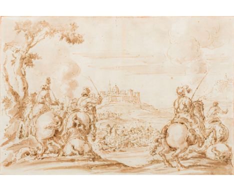 OLD MASTER SCHOOL Soldiers on Horseback Joining a Battle Before a CastlePen and ink sketch, framed and glazed. 34 x 23 cm. CO
