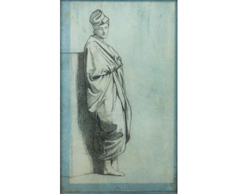 PRE-RAPHAELITE SCHOOL Study of a Figure Wearing a Hat and Full-length Cloak Pencil Sketch, framed and glazed. 26.5 x 44.5 cm.